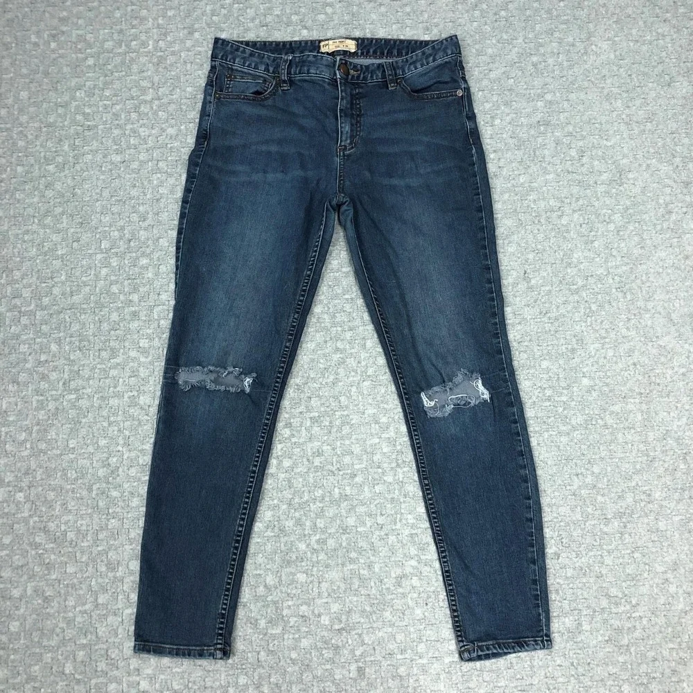 Free People Jeans Womens 29 Blue Mid Rise Skinny Distressed Ripped Stretch Denim